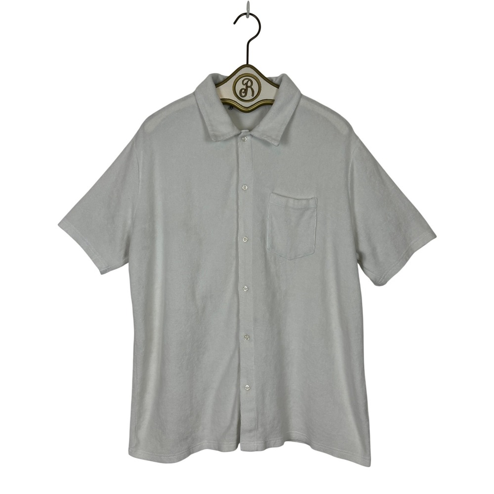CRIQUET Mens XL White Terry Cloth Button Shirt Short Sleeve Pocket Golf Beach